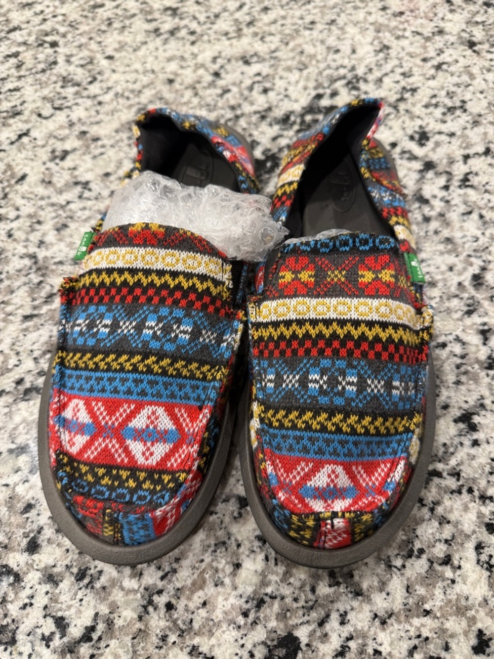 Sanuk Patterned Slip-On Moccasins in Red, Blue, Yellow, Black